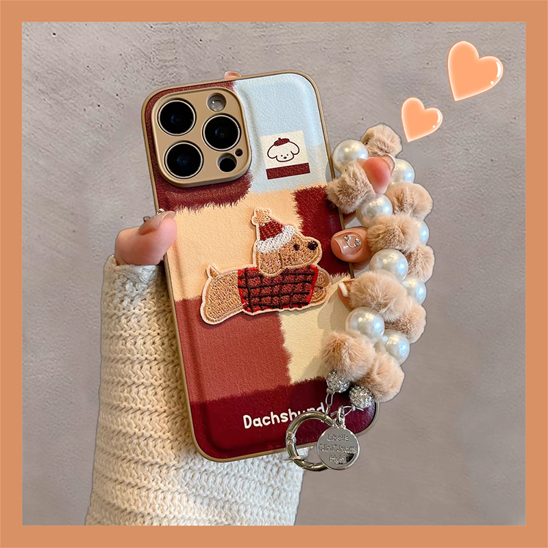适用苹果17秋冬刺绣腊肠狗手机壳