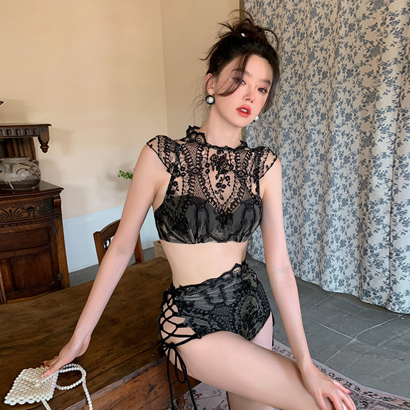 港风复古辣妹高腰绑带镂空蕾丝刺绣花纹性感露背显瘦遮肉度假泳衣