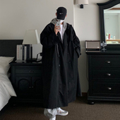 地界二新款 过膝纯色风衣 外套休闲百搭长款 韩版 潮流宽松双排扣男士