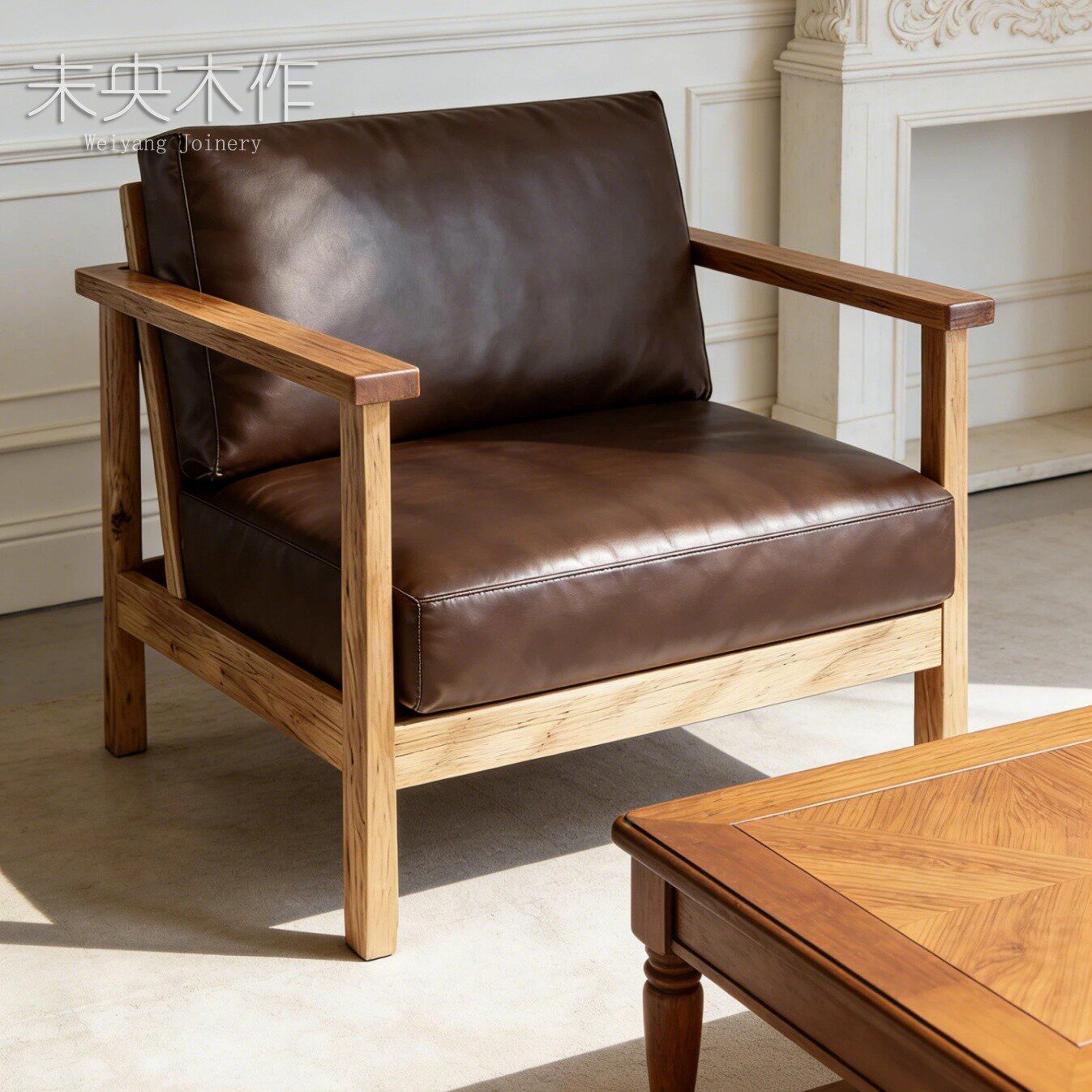 轻法式简约实木单人纯牛皮沙发椅客厅休闲椅小户型皮艺沙发有质感