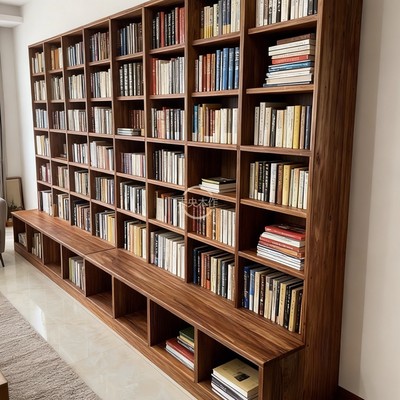 实木卡座整墙学生家用书柜客厅 定制简易书架一体靠墙置物架落地