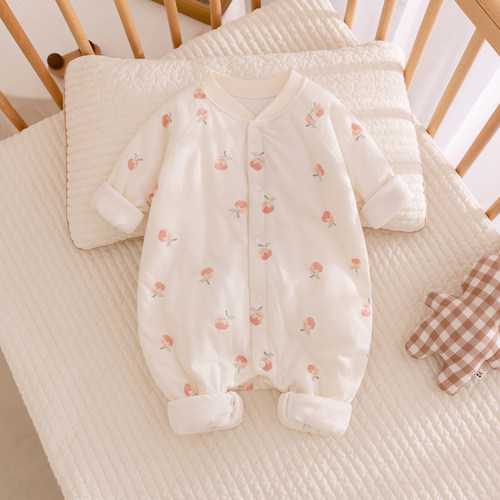 婴儿连体衣秋冬季衣服纯棉夹棉哈衣爬服满月女宝宝薄棉衣棉服家居