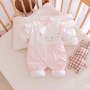 秋冬季女婴儿连体衣夹棉服满月宝宝衣服加厚哈衣爬服外出服纯棉衣