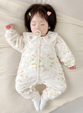 春秋冬季婴儿夹棉连体衣服女宝宝哈衣爬服纯棉衣棉服可爱外穿冬装