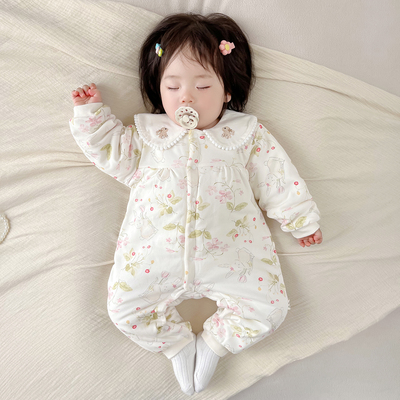 春秋冬季婴儿夹棉连体衣服女宝宝哈衣爬服纯棉衣棉服可爱外穿冬装