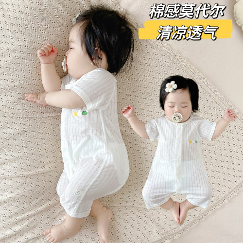 夏季婴儿衣服莫代尔短袖连体衣薄款男女宝宝哈衣爬服无骨睡衣夏装