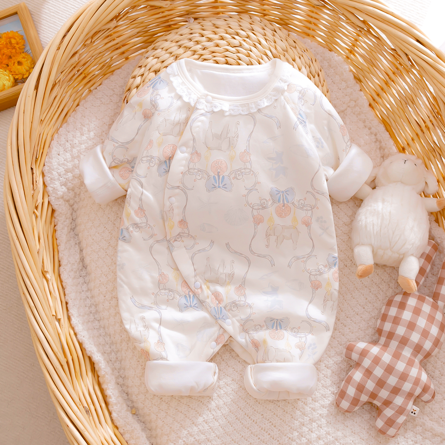 满月宝宝纯棉连体衣服春秋冬季薄棉哈衣夹棉爬服婴儿装家居服A类