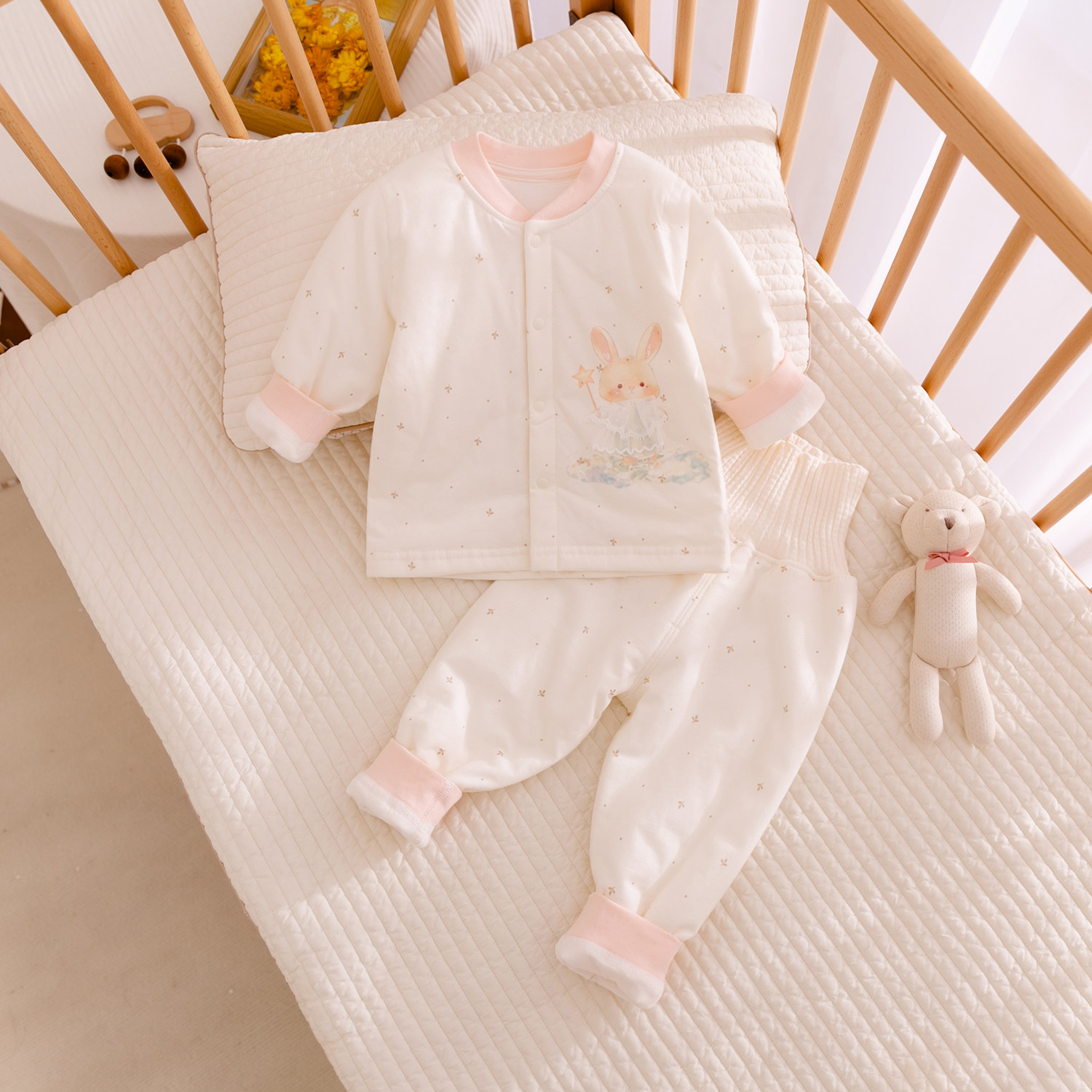 婴幼儿夹棉分体套装纯棉高腰护肚保暖衣服女宝宝秋冬季薄棉衣棉服