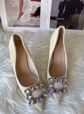 水钻方扣高跟鞋女细跟黑色性感2026春新款尖头气质设计感法