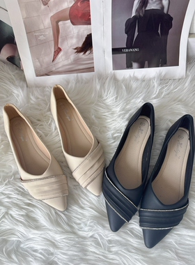 单鞋女软皮2026春季新款法式尖头平底鞋百搭中跟淑女浅口瓢鞋