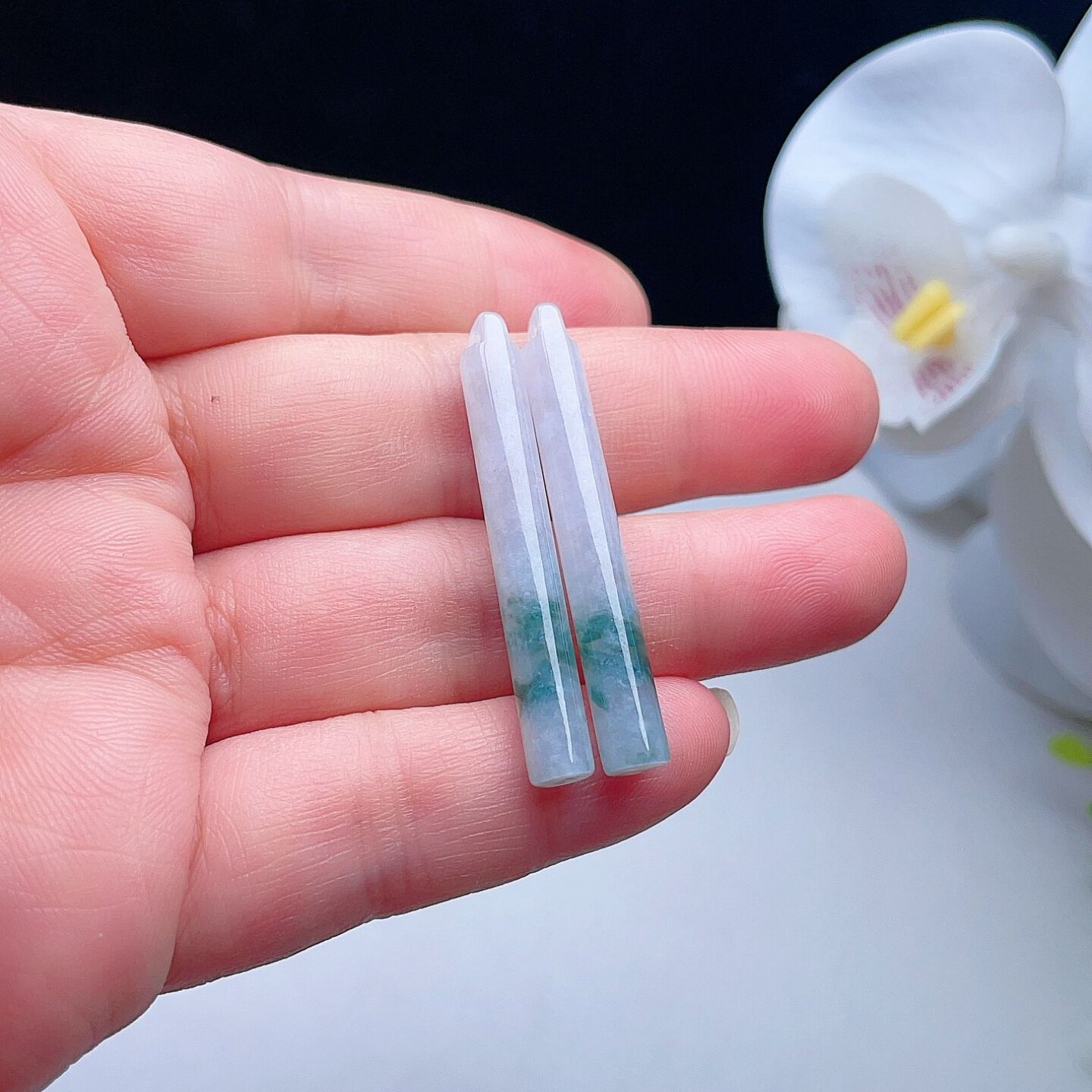 天然A货翡翠长方圆柱子耳坠乳白飘花缅甸老坑玉风铃一对耳环清新