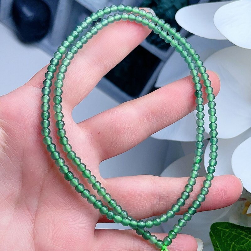 天然翡翠冰种小圆珠项链阳绿清新