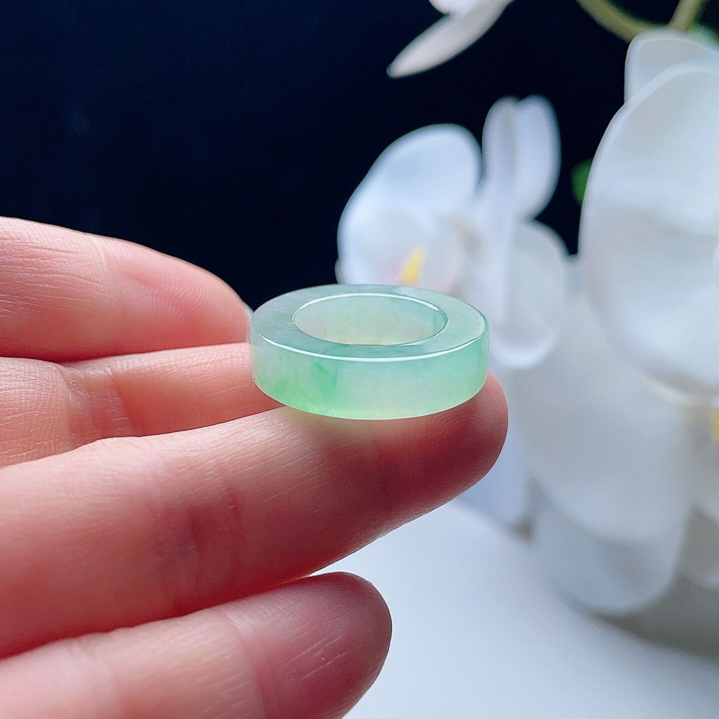 天然A货翡翠冰种方戒指阳绿飘花15.5mm缅甸老坑玉指环意境清新10#