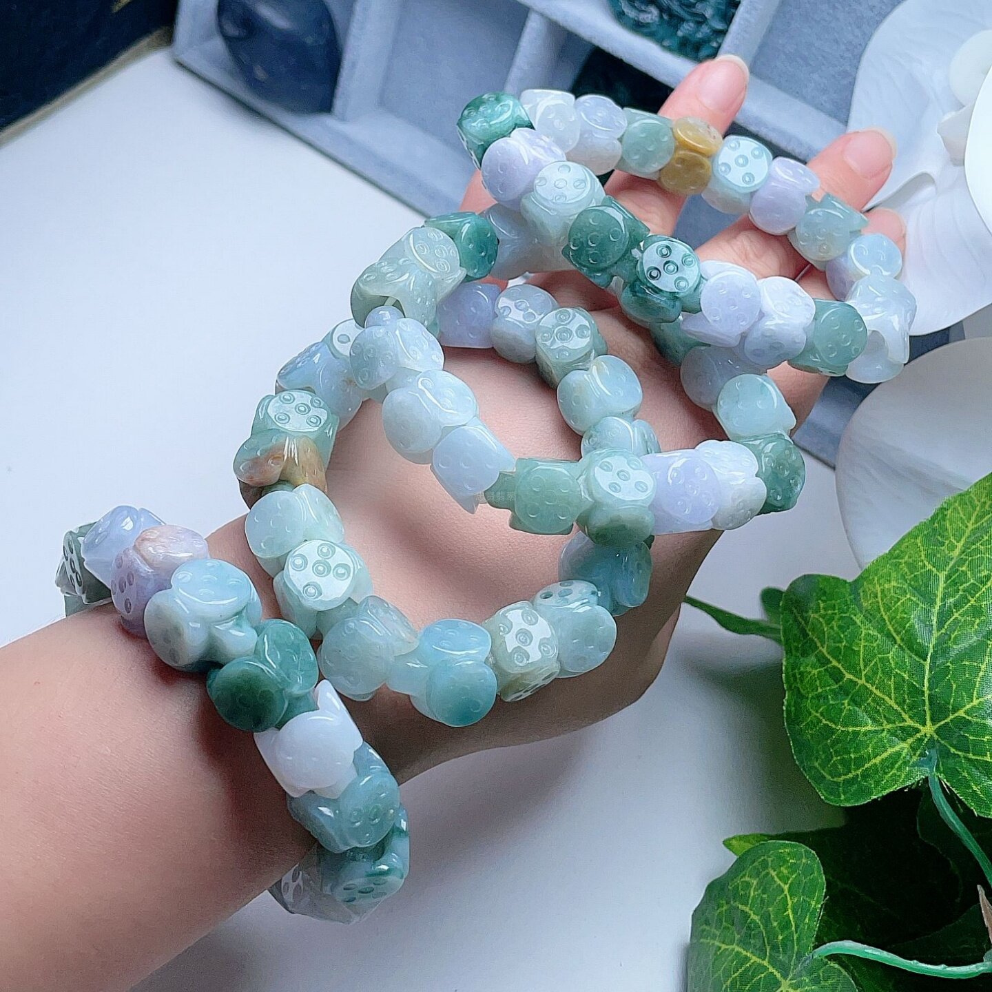 天然A货翡翠淡紫黄绿莲蓬手链缅甸老坑路路通手串吉祥如意多彩