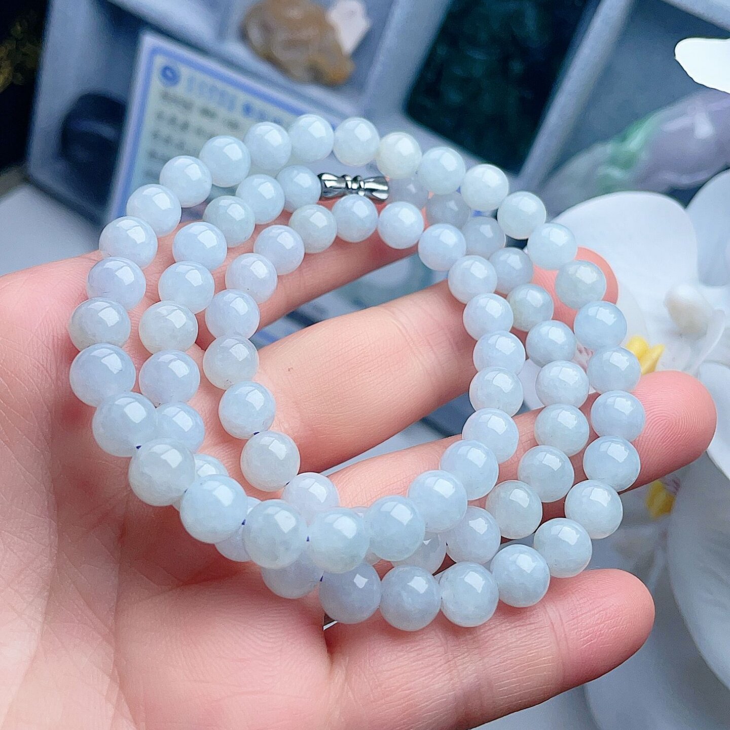 天然翡翠圆珠项链灰白淡绿吉祥