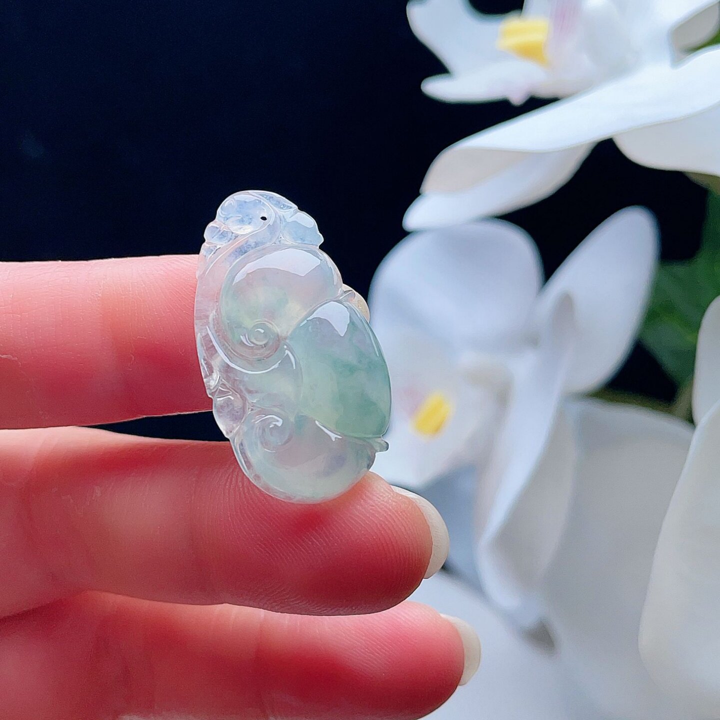 天然A货翡翠冰种如意淡绿飘菠菜绿缅甸老坑双面雕灵芝挂坠清新