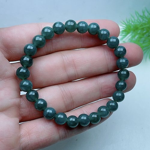 老坑圆润满绿蓝绿翡翠手链7mm