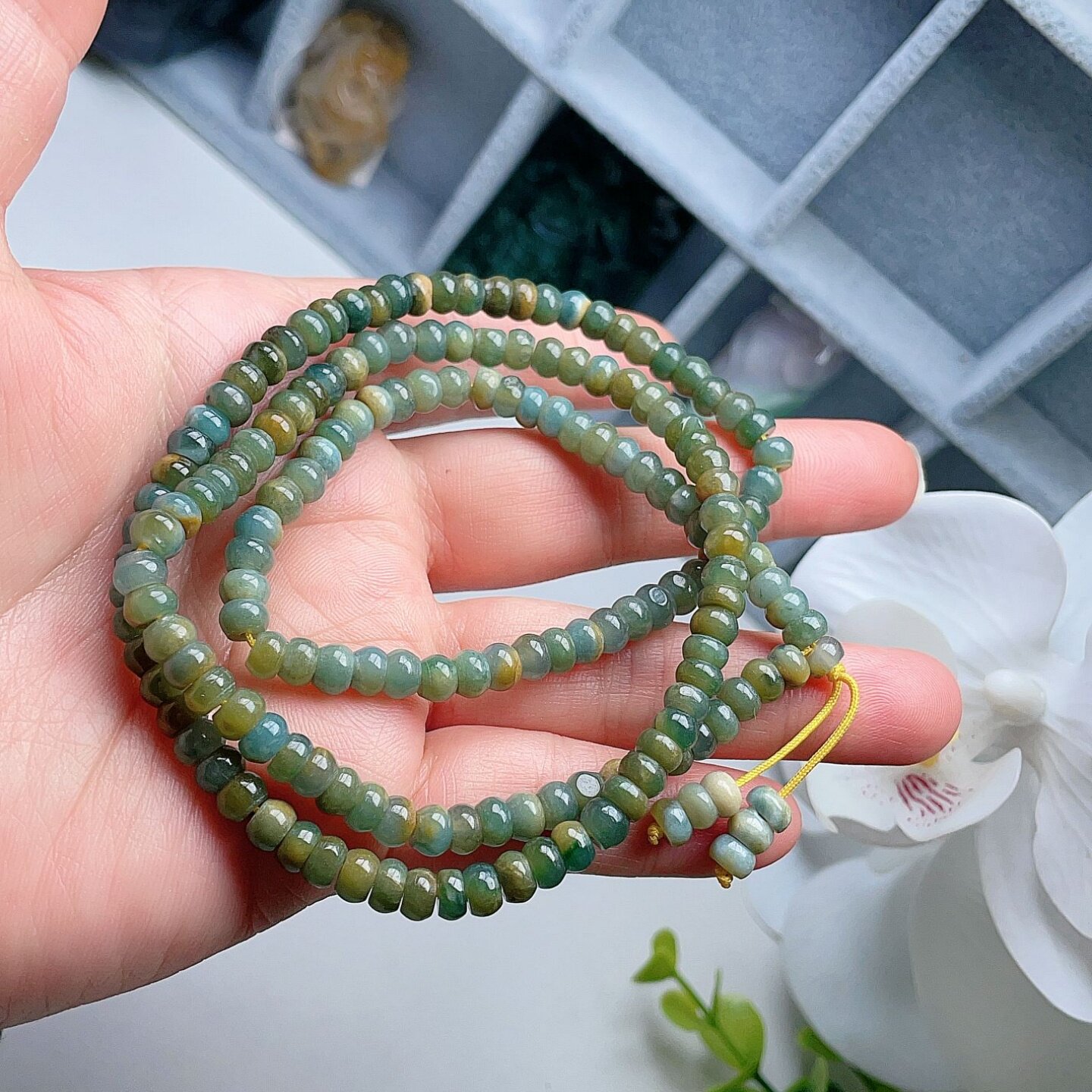 天然翡翠算盘珠项链黄绿多彩吉祥