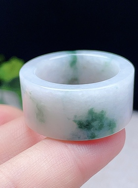 28号缅甸A货乳白飘花翡翠方扳指天然直切平口戒指22MM山水跑环