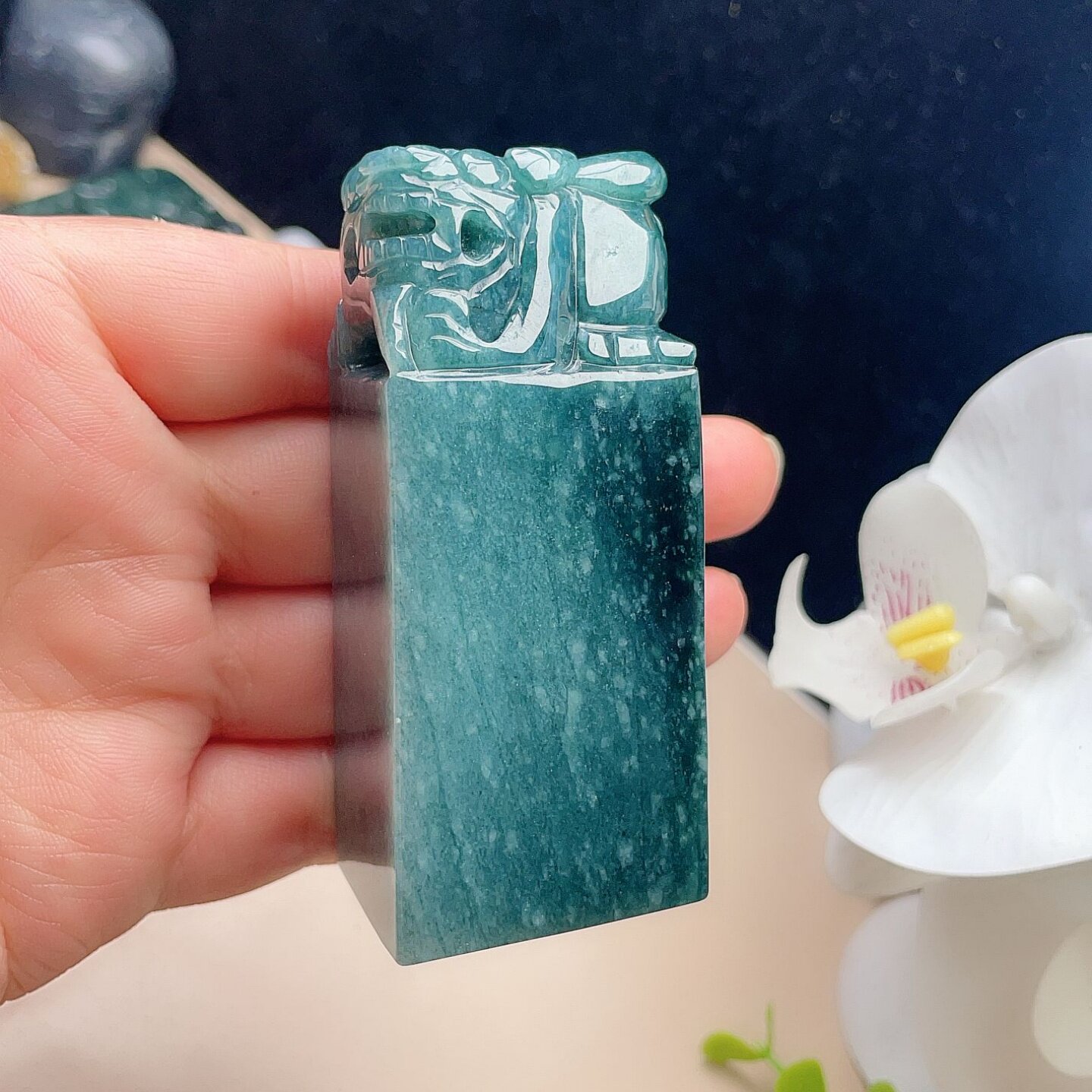 天然翡翠貔貅大印章晴水蓝绿双彩