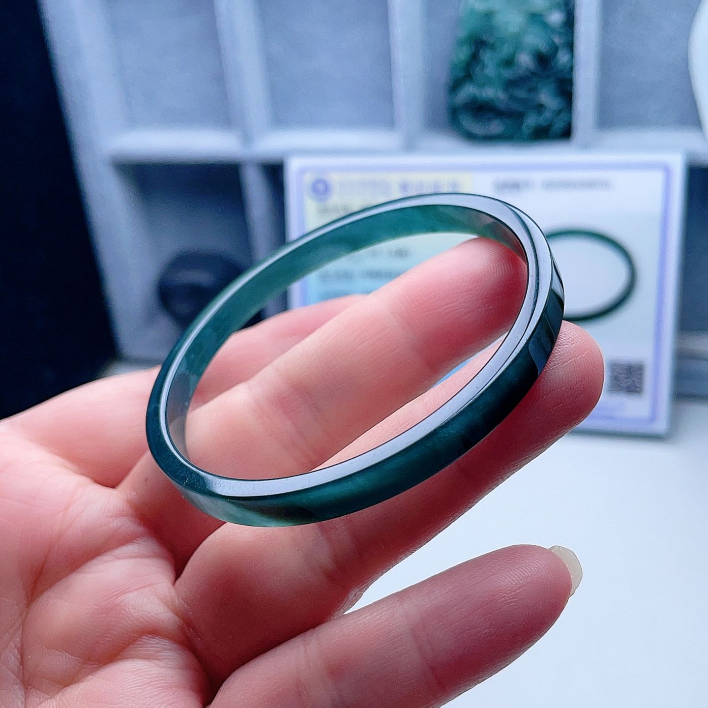 A货翡翠方手镯蓝绿飘深蓝绿飘花54mm天然老坑玉镯半山半水意境