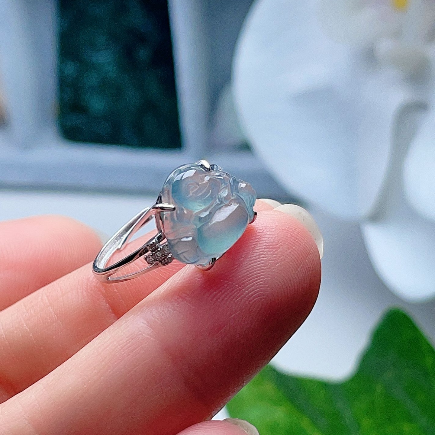 天然翡翠冰种小弥勒佛戒指晴水绿