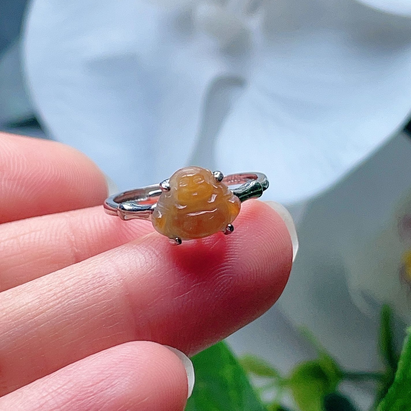 天然翡翠迷你弥勒佛戒指红黄吉祥