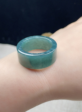 天然A货翡翠蓝绿方扳指23MM老坑湖水蓝绿深色直边玉戒指31号