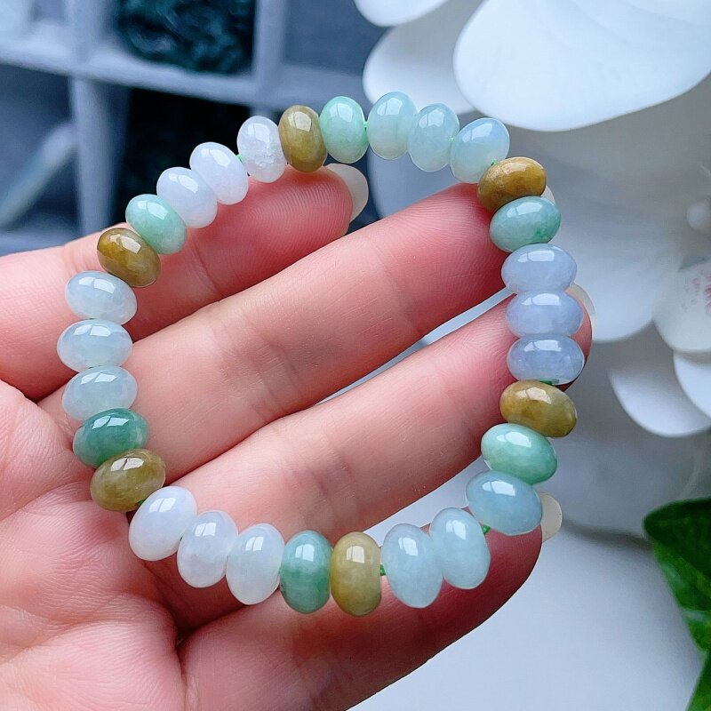 天然翡翠算盘珠手链淡绿黄阳绿