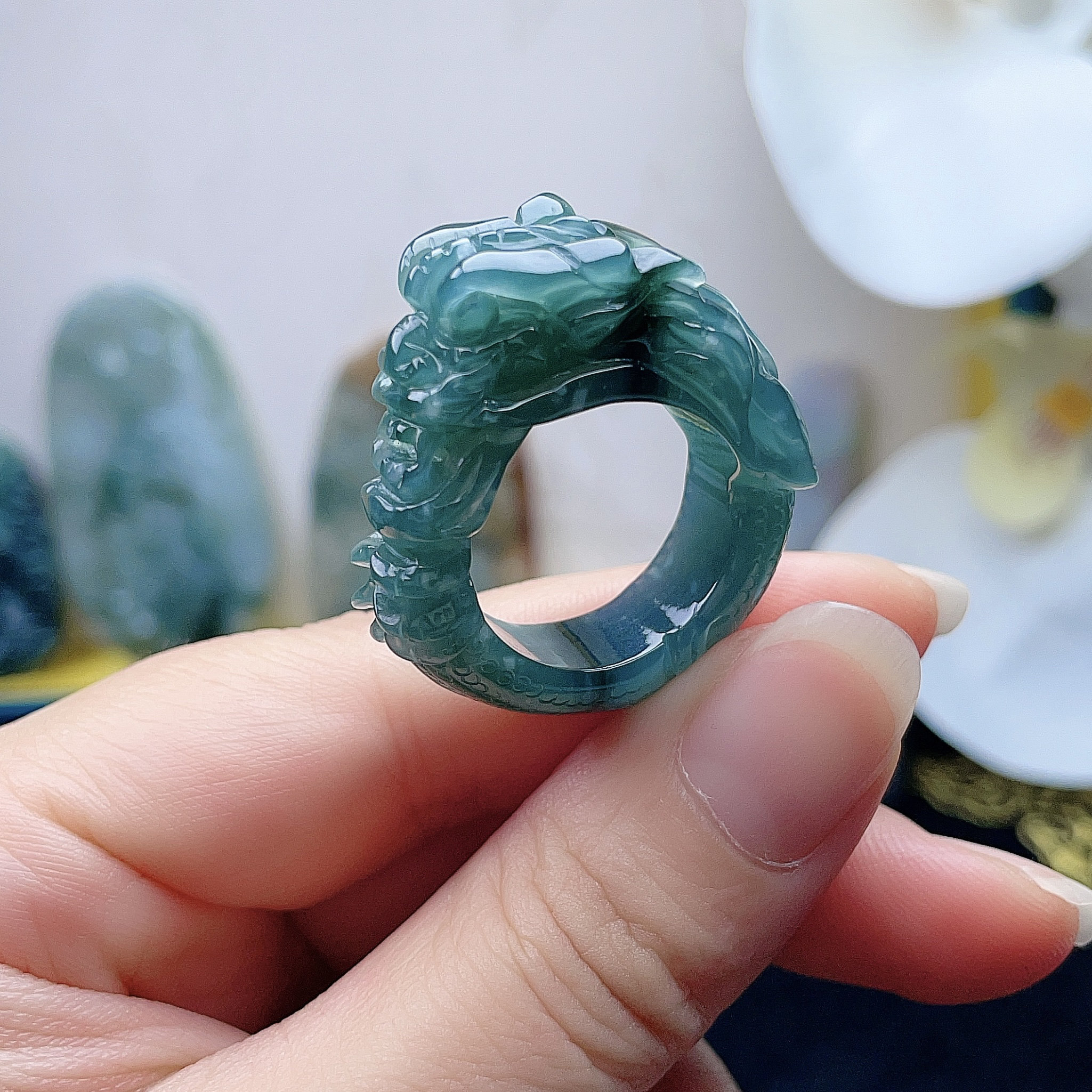 A货翡翠海蓝绿飘花生肖龙戒指19MM天然老坑生意兴隆玉指环宽厚