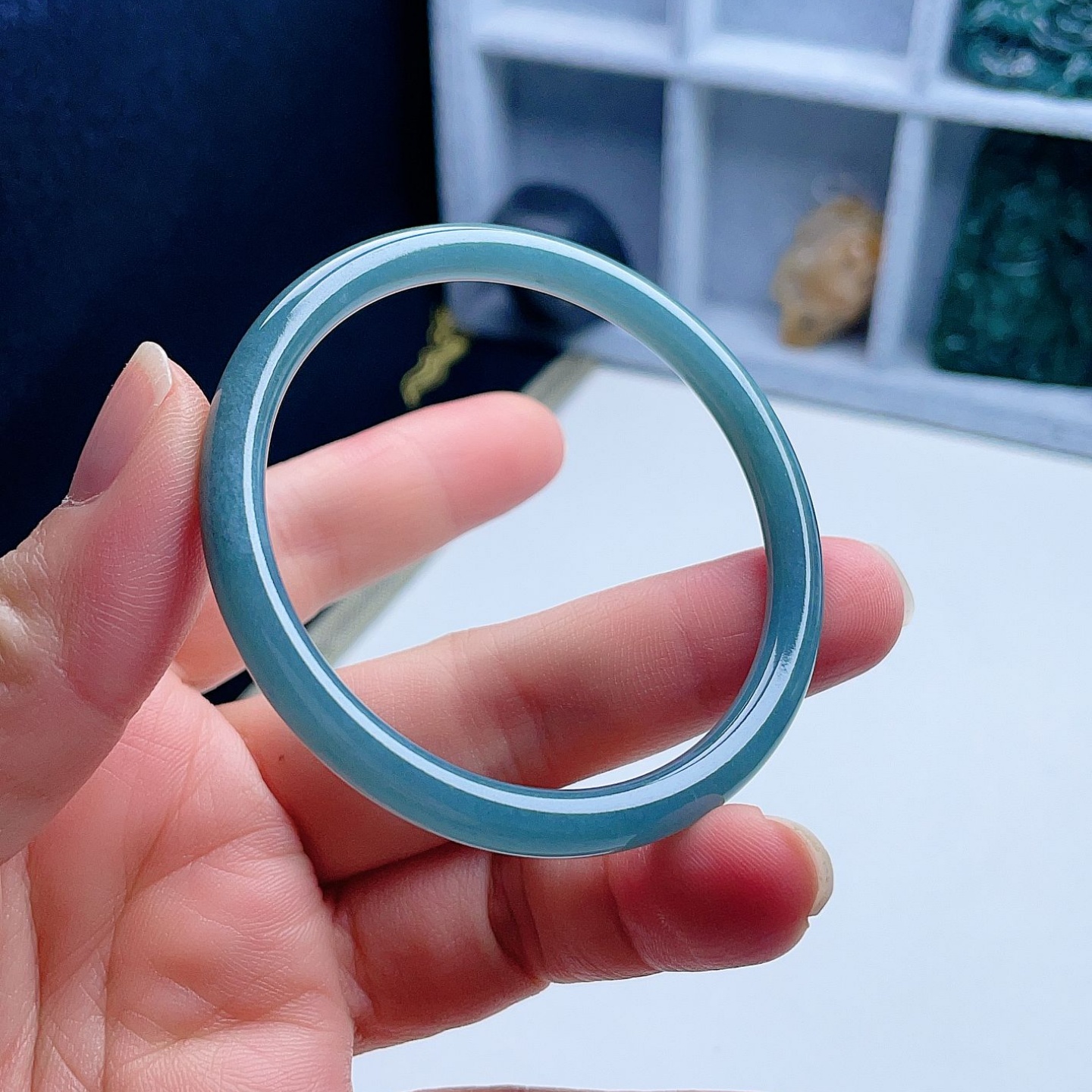 A货翡翠小圆条手镯晴水蓝绿51.5mm天然老坑叮当镯美人条清新优雅