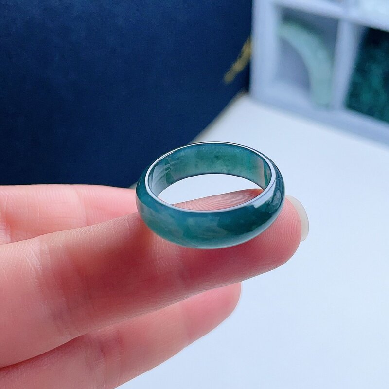 A货翡翠深海蓝绿飘花宽边戒指21.3mm天然老坑指环意境儒雅百搭26#