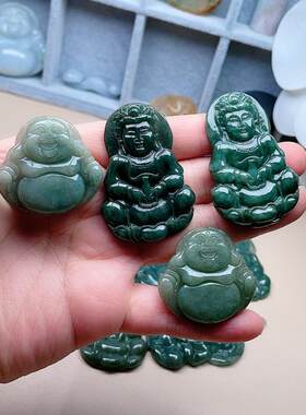 天然翡翠弥勒佛观音吊坠满绿油绿