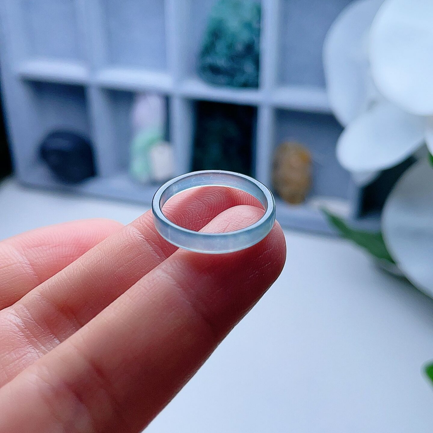 A货翡翠冰种方戒指晴水绿16.9mm天然老坑玉指环飘雪花棉清新14#