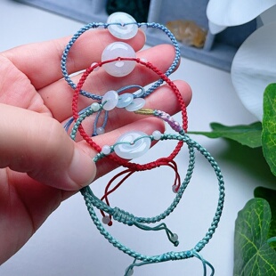 天然A货翡翠小平安扣手链淡绿白一点飘花缅甸老坑编织圆扣手串