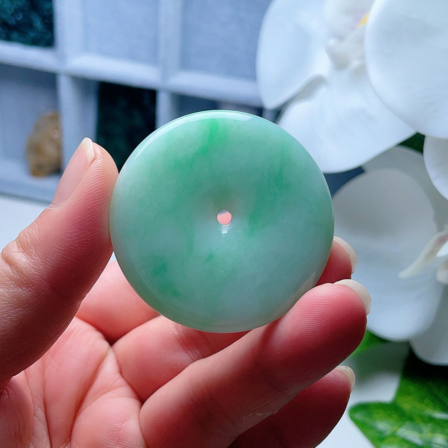 天然翡翠大平安扣吊坠阳绿飘花