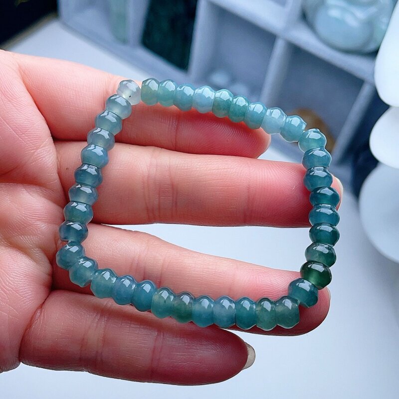 A货翡翠天空海蓝晴水绿渐变算盘珠手链天然老坑手串念珠配证书