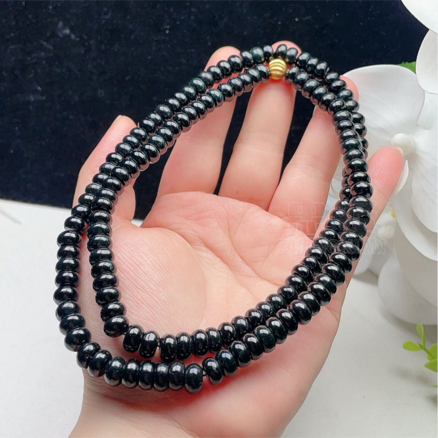 天然翡翠算盘珠项链豆种黑墨翠