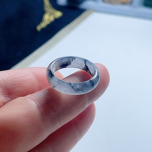 天然A货翡翠戒指乌鸡飘花18.1mm缅甸老坑玉指环山水意境儒雅17