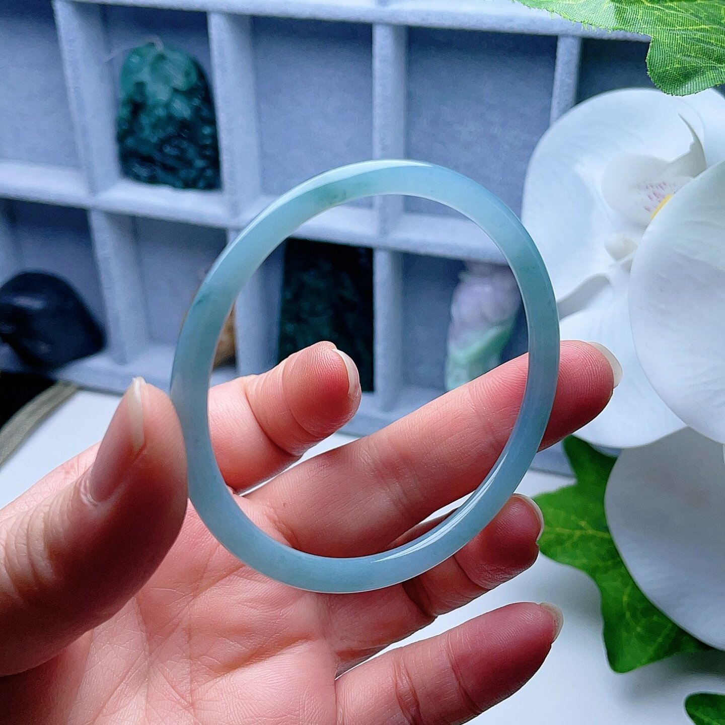 A货翡翠细条手镯晴水飘花57.5mm天然老坑叮当镯秀气清新优雅百搭