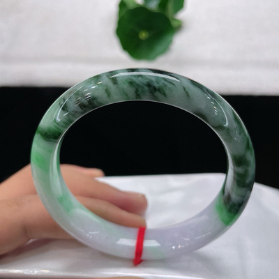 缅甸天然A货翡翠飘花正圈手镯老坑浅紫飘绿玉镯56圈口淡春彩手环