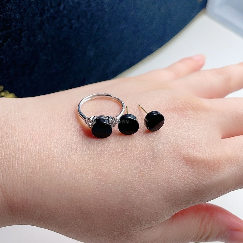 天然翡翠豆种墨翠蛋面戒指耳钉