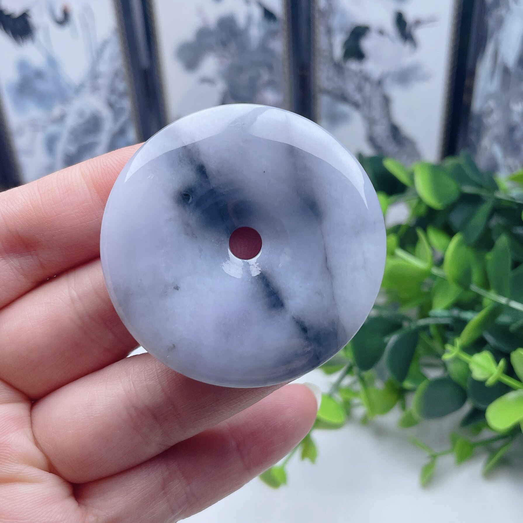 缅甸天然A货翡翠冰糯乌鸡平安扣吊坠水墨意境淡紫飘花皮带扣车挂