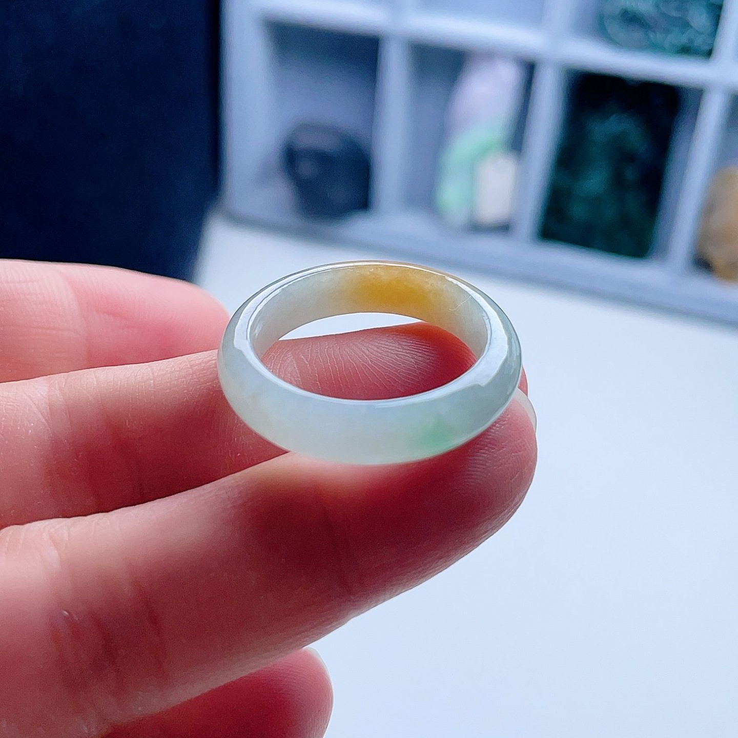 天然翡翠戒指淡绿飘黄阳绿福禄寿