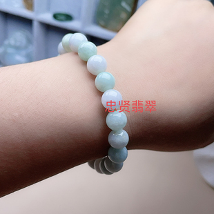天然A货翡翠乳白淡绿紫手链8缅甸老坑玉清新圆珠手串手持念珠链