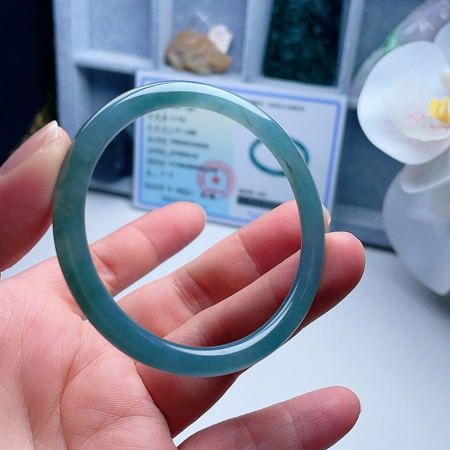 A货翡翠圆条手镯晴水蓝绿飘花51.5mm天然老坑叮当镯意境清新优雅