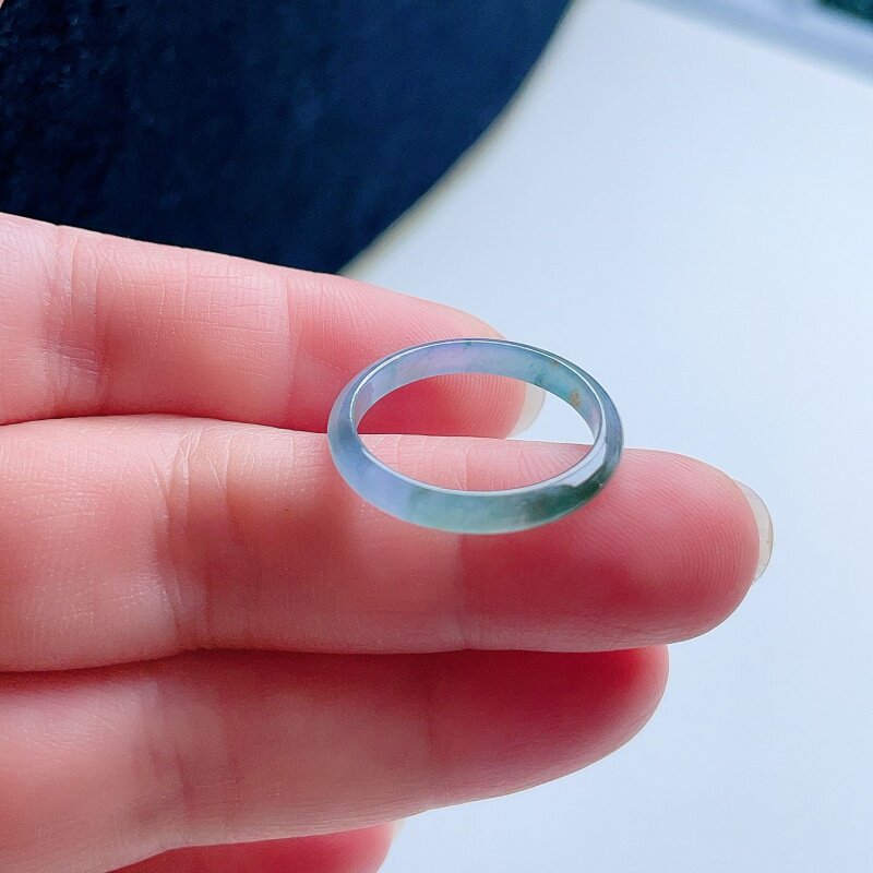 A货翡翠烟紫晴水绿黄彩飘花戒指19mm天然老坑指环意境清新秀气20#