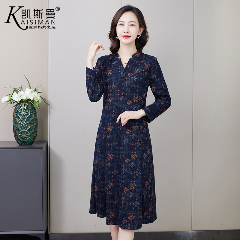 凯斯曼2025秋冬新款妈妈洋气连衣裙春装中老年女装过膝长袖22880