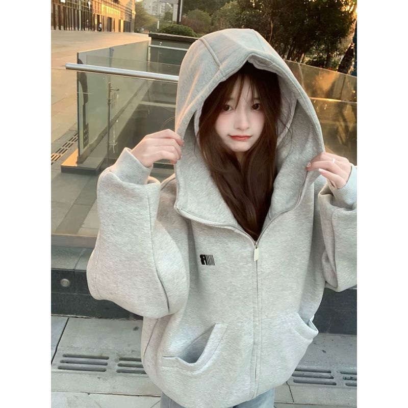 慵懒复古浅灰色廓形开衫外套秋冬重磅加绒加厚高领拉链连帽卫衣女