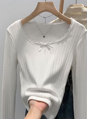 白色设计感蕾丝拼接长袖打底衫秋冬修身显瘦短款百搭圆领内搭上衣